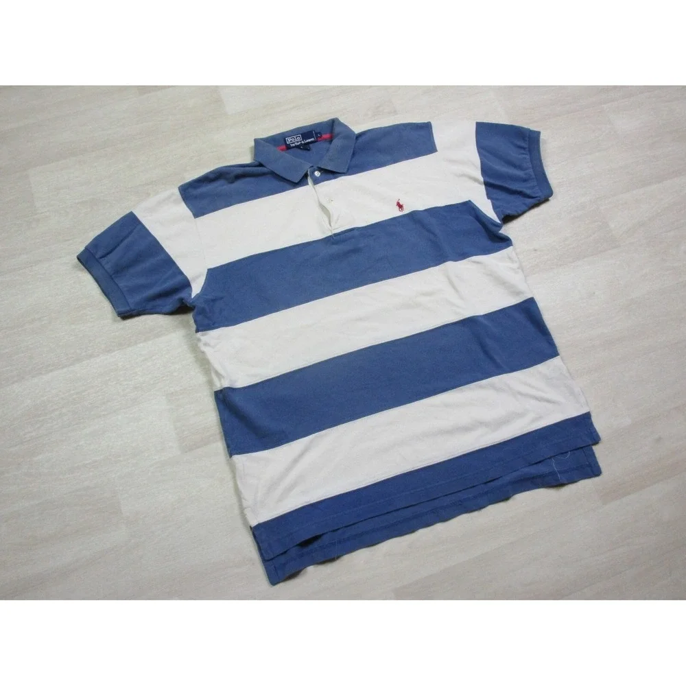 Men's Vintage Polo Ralph Lauren Cut and Sew Striped Polo Shirt‎ (L) Cream & Blue